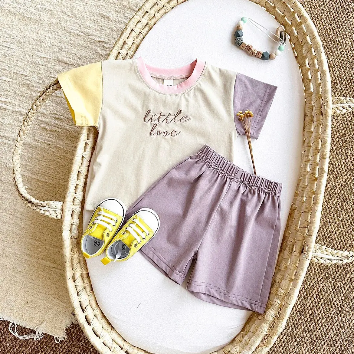 New Baby Girls Clothes Set Embroidery Letters Color Patchwork Casual T-shirt+Loose Shorts Newborn Summer Boys Suit 0-4Y