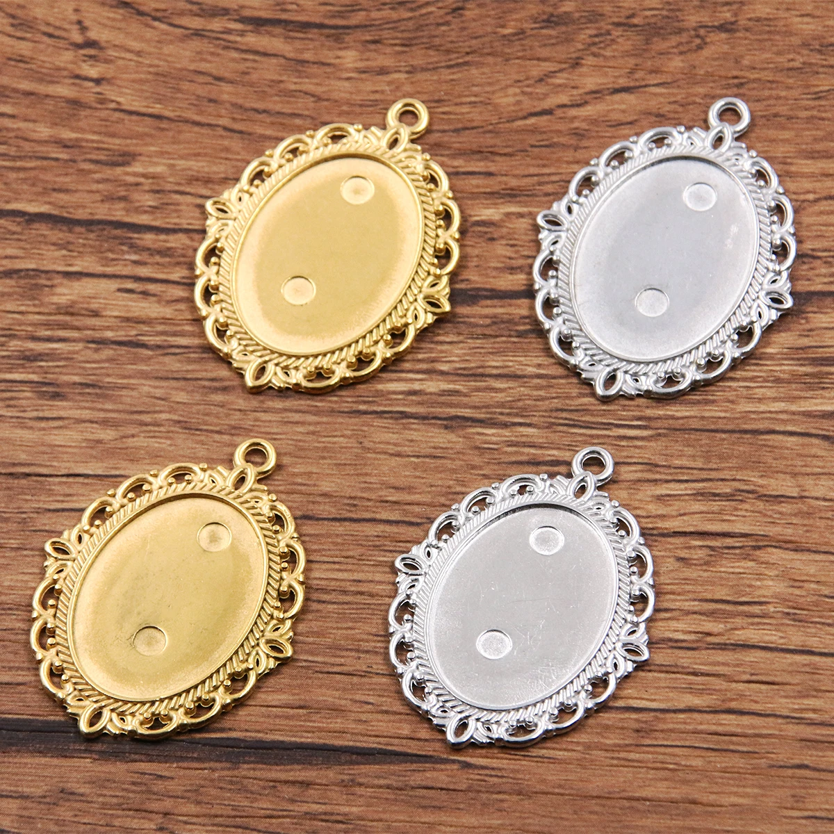 2Pcs 18X25mm Inner Size Stainless Steel Gold Ellipse Cabochon Base Setting Diy Blank Pendant Tray For Necklace Making