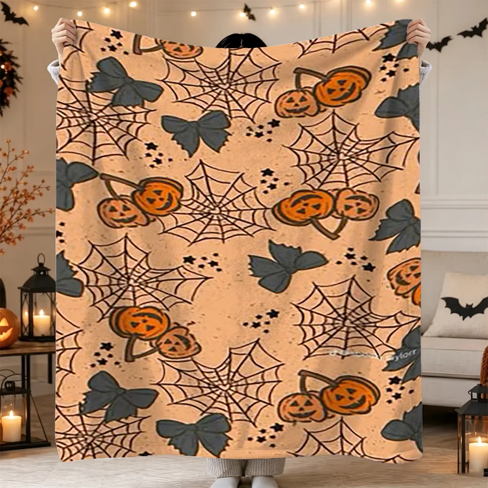 Halloween Flannel Blanket Pumpkin Spider Web Print Soft Fleece Throw for Home Decor Festival Party Bed Sofa Cover