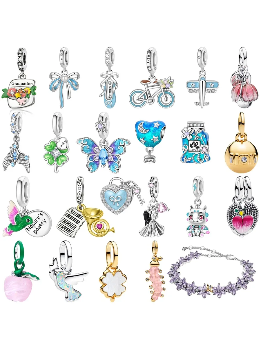 AliExpress NONE S925 Silver Plated Butterfly Bicycle Airplane Clover Heart Wing Bow Charm Flower Bracelet Inlaid Gem DIY Bracelet Gift Jewelry