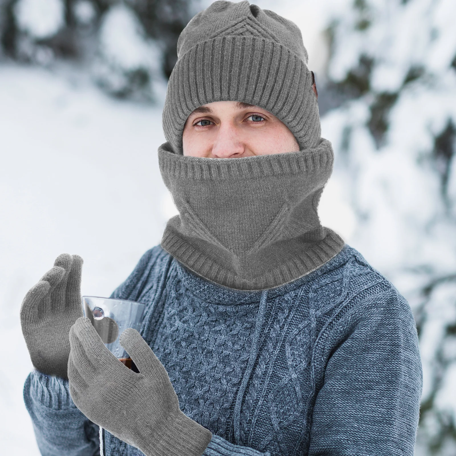 

Thermal Touchscreen Gloves Scarf Hat Set for Men Black Warm Knit Universal Size Camping Strolling Gloves Scarf Hat Set Mens