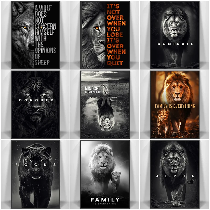 Pintura en lienzo con citas motivacionales para decoración del hogar, carteles de animales feroces, León, Tigre, leopardo, para pared, sala de estar