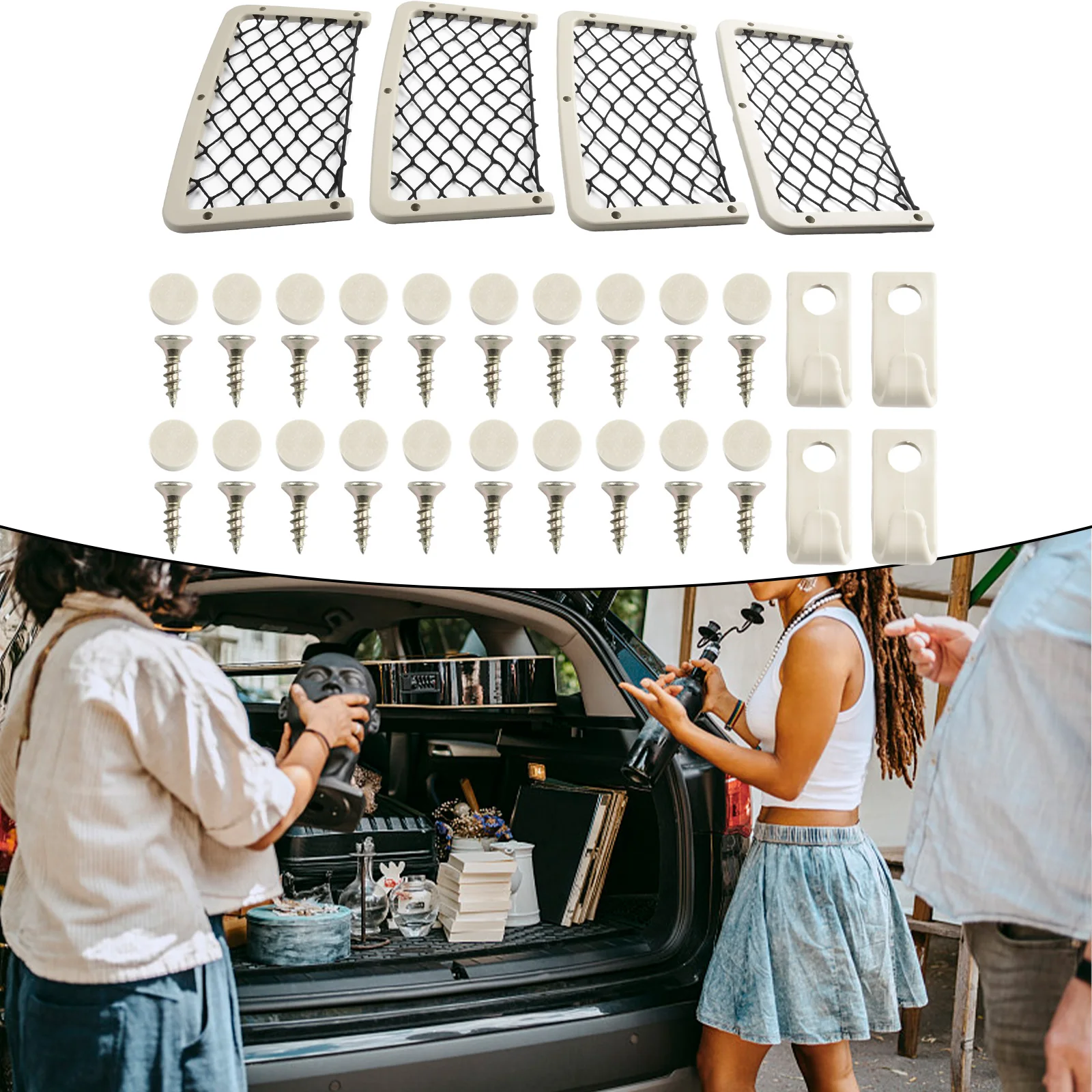 

4pc Car Back Storage Elastic Mesh Net Bag Luggage Holder Pocket Camper 18.36cm Beige Vehicle Interior Accessories Net Use