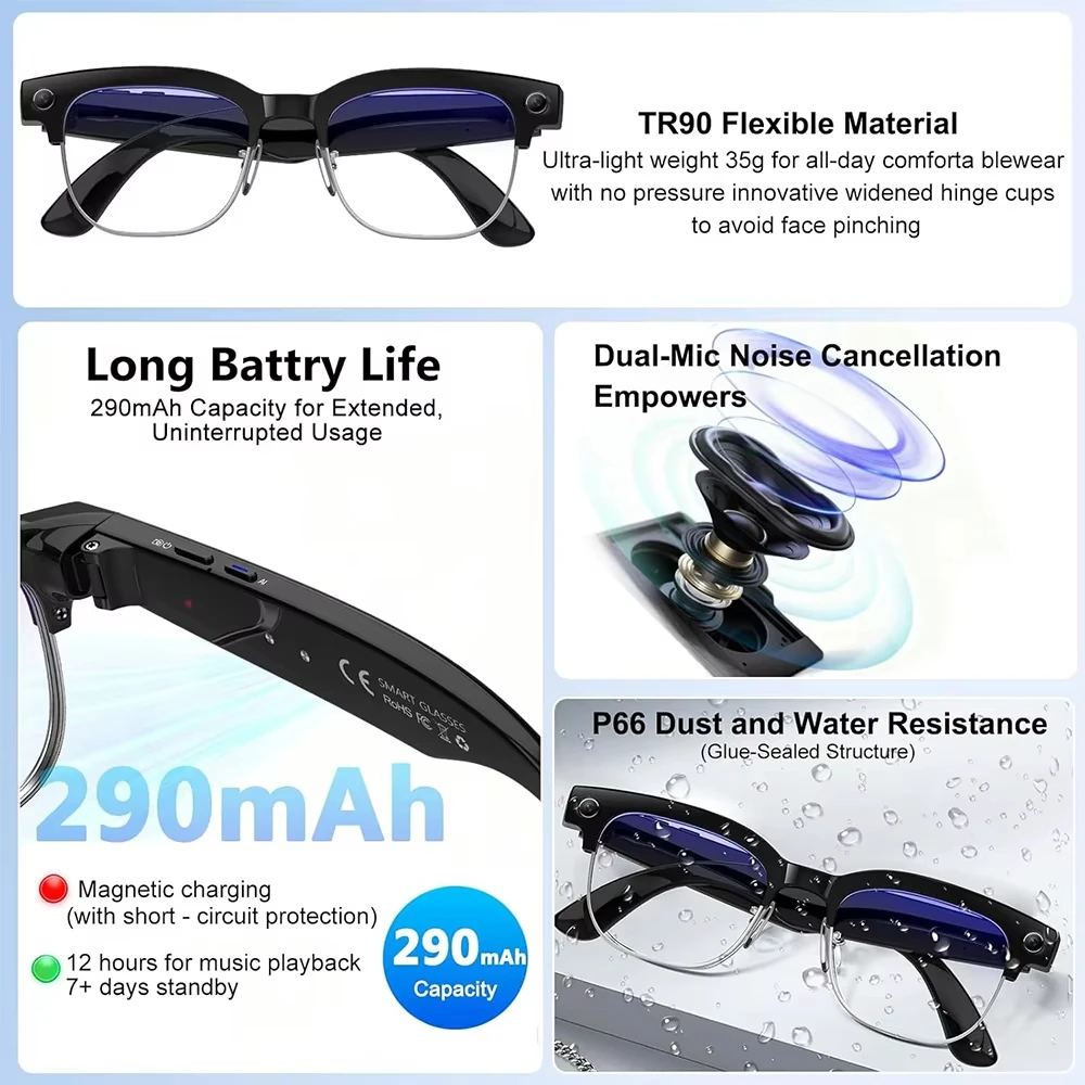 2026년형 새로운 AI 번역 스마트 안경 4GB 8MP 카메라 1080P 비디오 녹화 사진 인식 블루투스 통화 음악 남녀 공용 선글라스