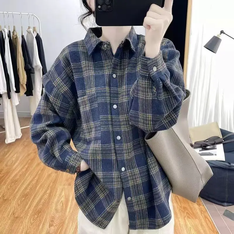 Spring and Autumn New Plush Thickened Shirt Women\'s Outerwear Western Style Checkered Shirt Arctic Plush Shirt