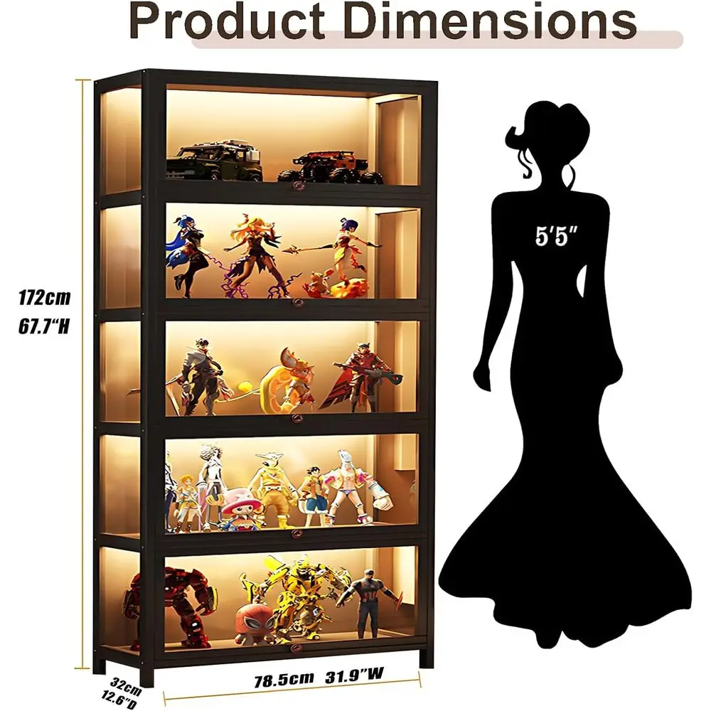 Display Cabinet Showcase - 5-Tier Bamboo Curio Case with Clear Doand Magnetic Suction - 68 Inch Tall Bookcase or CollectAction i