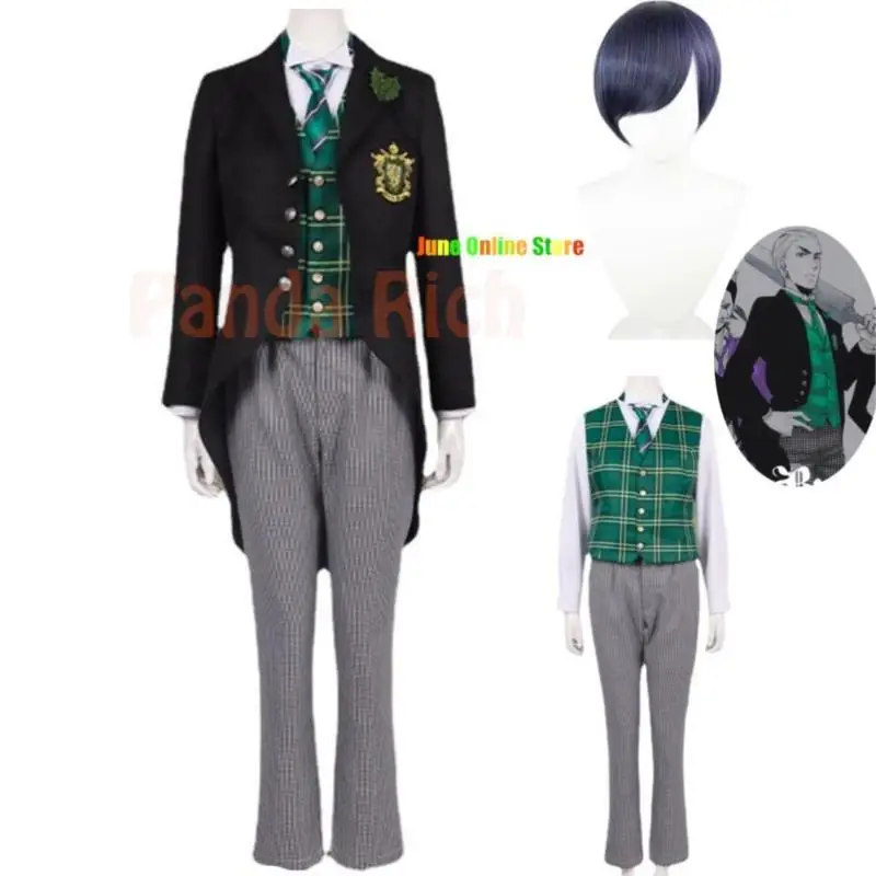 Anime Cosplay fantasia para homens e mulheres, mordomo preto, Ciel Herman, Green Hill, Smile Boarding, colete escolar, peruca completa, terno de carnaval