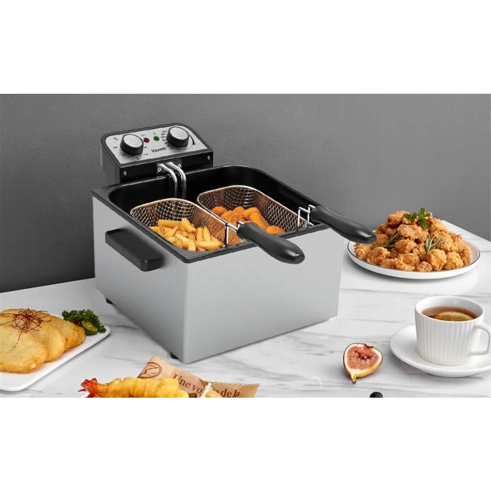 Large Capacity Electric Deep Fryer with 3 Frying Baskets for Home Use, Adjustable Temperature, View Window Lid