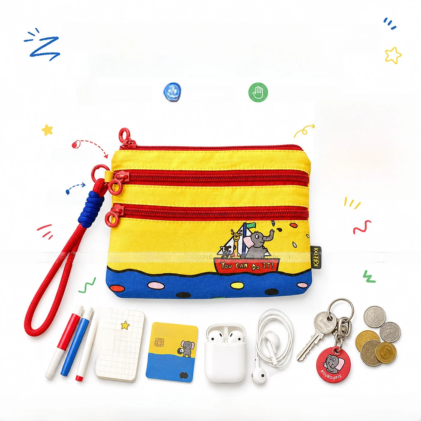 Cartoon Elephant Three-Layer Zipper Coin Purse Portable Storage Bag with Lanyard Classification Handbag for Students Children