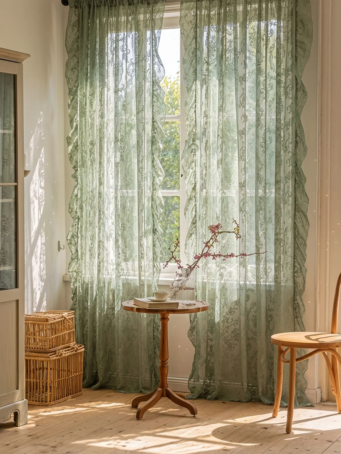 Sage Green Lace Sheer Curtains, Vintage Ruffled Floral Drapes for Living Room, Light Filtering Window Treatments