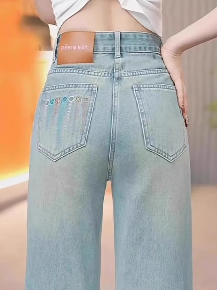 

Голубые широкие женские джинсы, весенне-осенние новые корейские джинсовые брюки прямого кроя с вышивкой