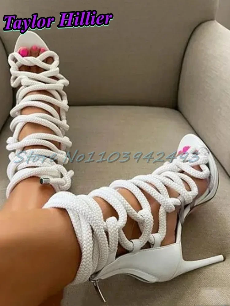 

Gladiator Rope Women Sandals Open Toe Heels Lace Up Patchwork Cross Strap Shoes Back Zipper Summer Fashion Cover Heel Size 34-46