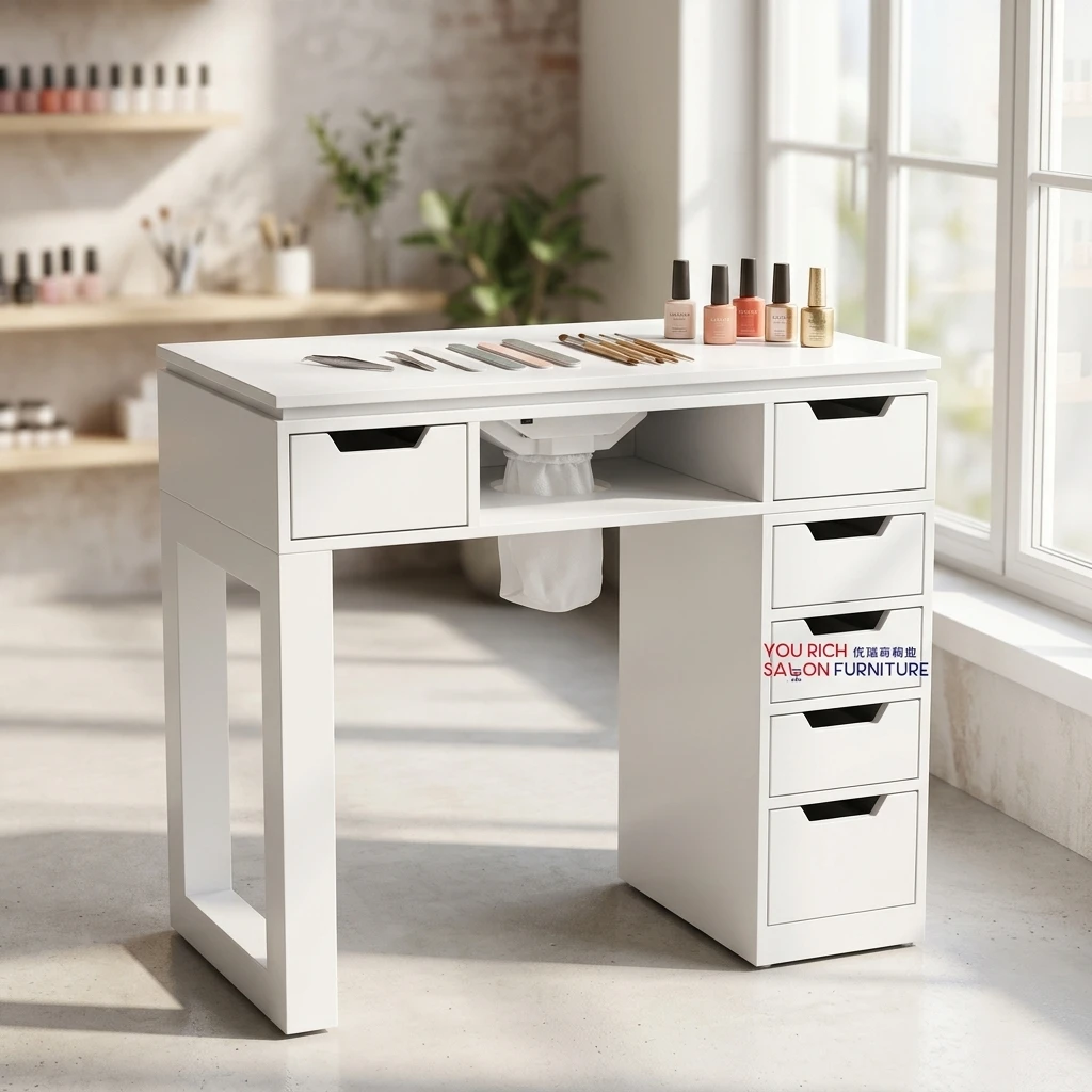White Wood Manicure Table with Vent Quality Nail Tables  for Beauty Shop Double Manicure Table Ship From Us