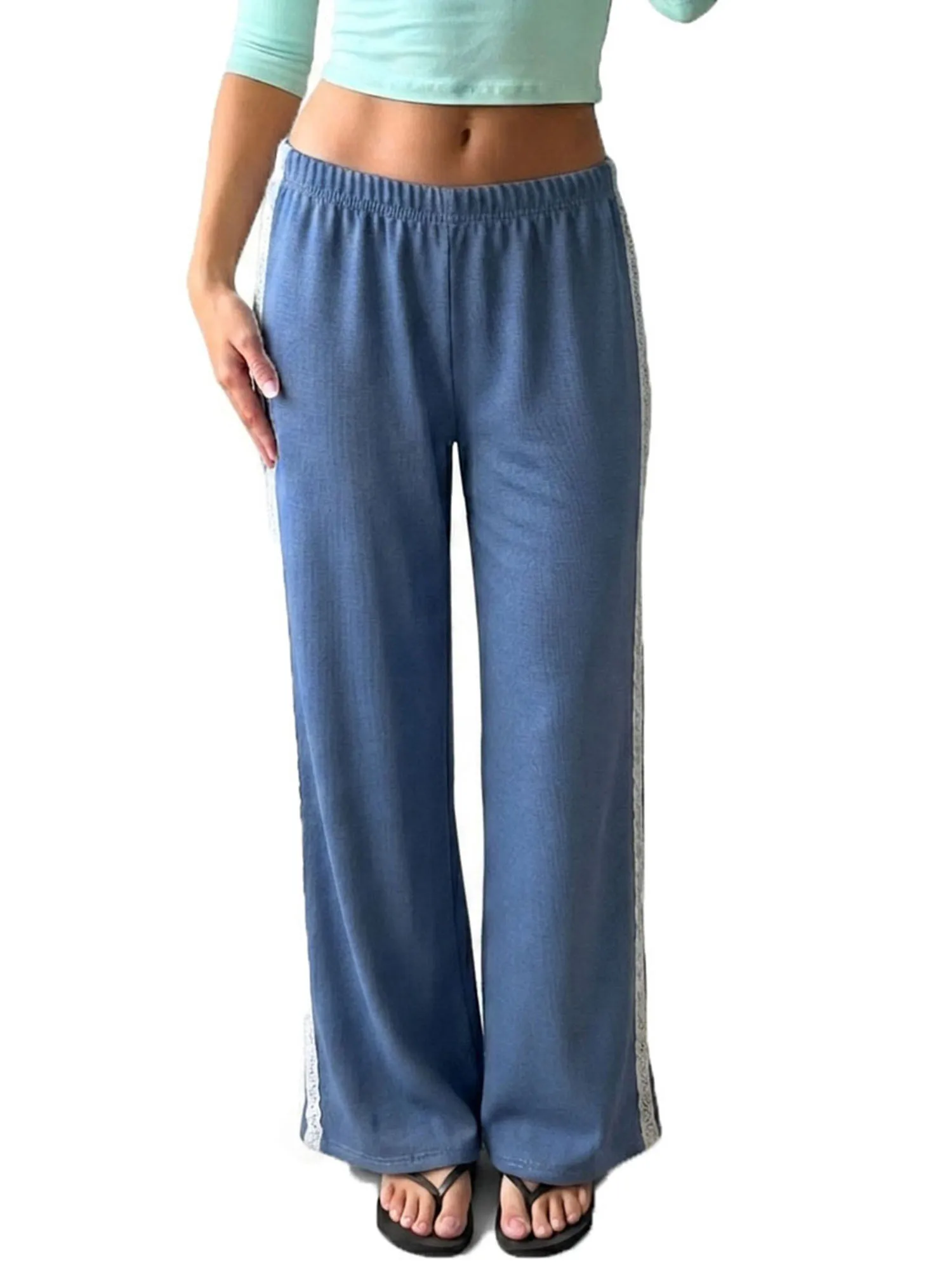Women Loose Pants Fashion Side Lace Trim Elastic Waist Trousers