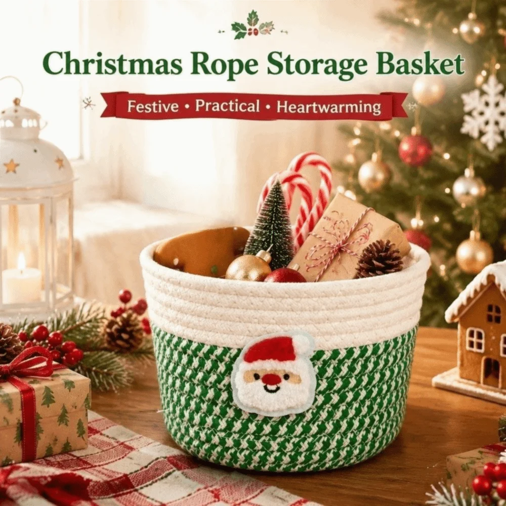 Multi-functional Christmas Woven Storage Basket Xmas Theme Santa Claus Hand Woven Storage Basket Cotton Rope Cute