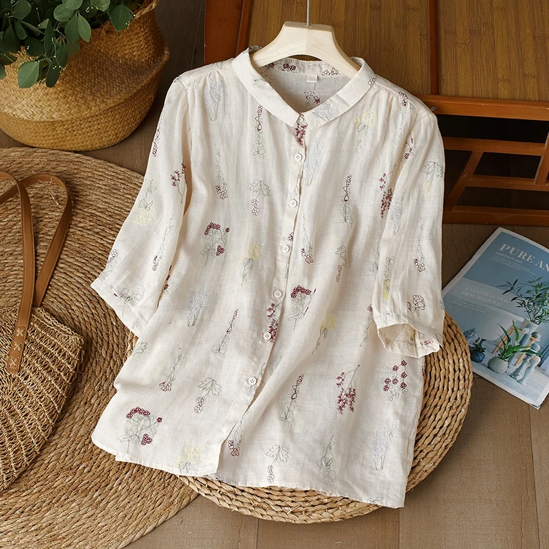 Chic Cotton Linen Casual Small Lapel Tops Embroidery Lightweight Shirt Summer  Blouses  Camisas