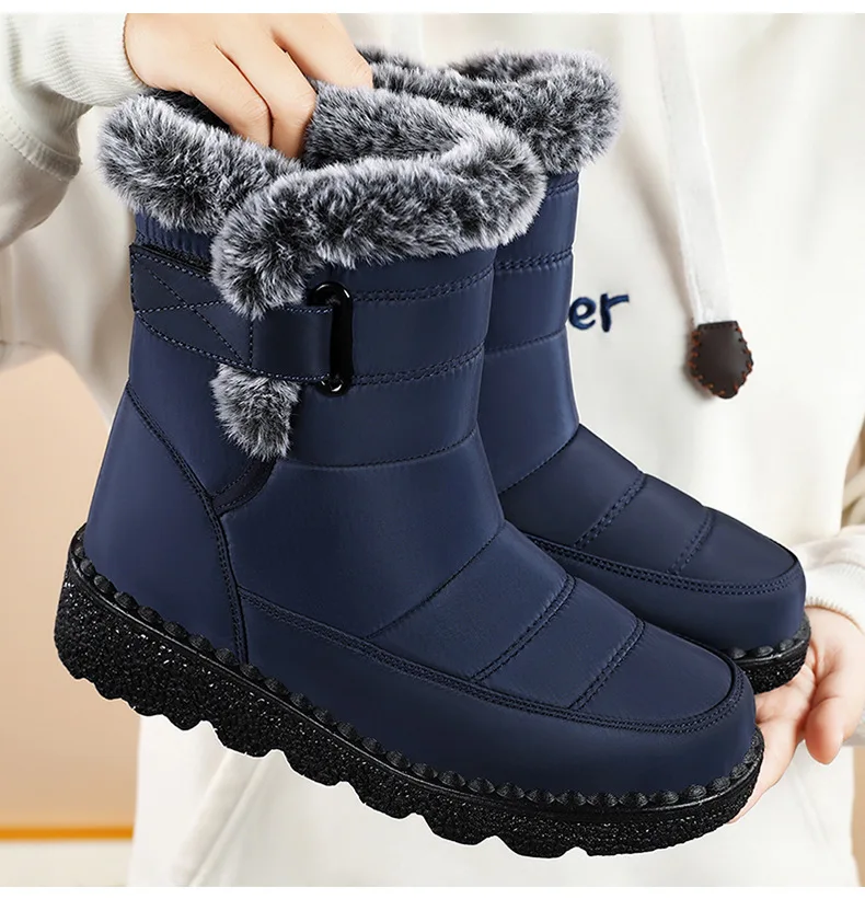 Damen-Schneestiefel bis zur Mitte der Wade, warm, mit Plüschfleece gefüttert, mit Klettverschluss, Pompon-Dekor, rutschfeste dicke Sohle, Winter-Freizeitschuhe für kaltes Wetter. – Detail 20