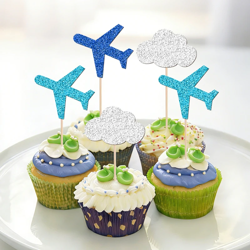 YOMDID 24 Stück Flugzeug-Kuchenaufsätze, mehrfarbig glitzernde Wolken-Flugzeug-Cupcake-Topper, Dekorationen, Kuchenaufsätze mit Reisethema – Detail 8