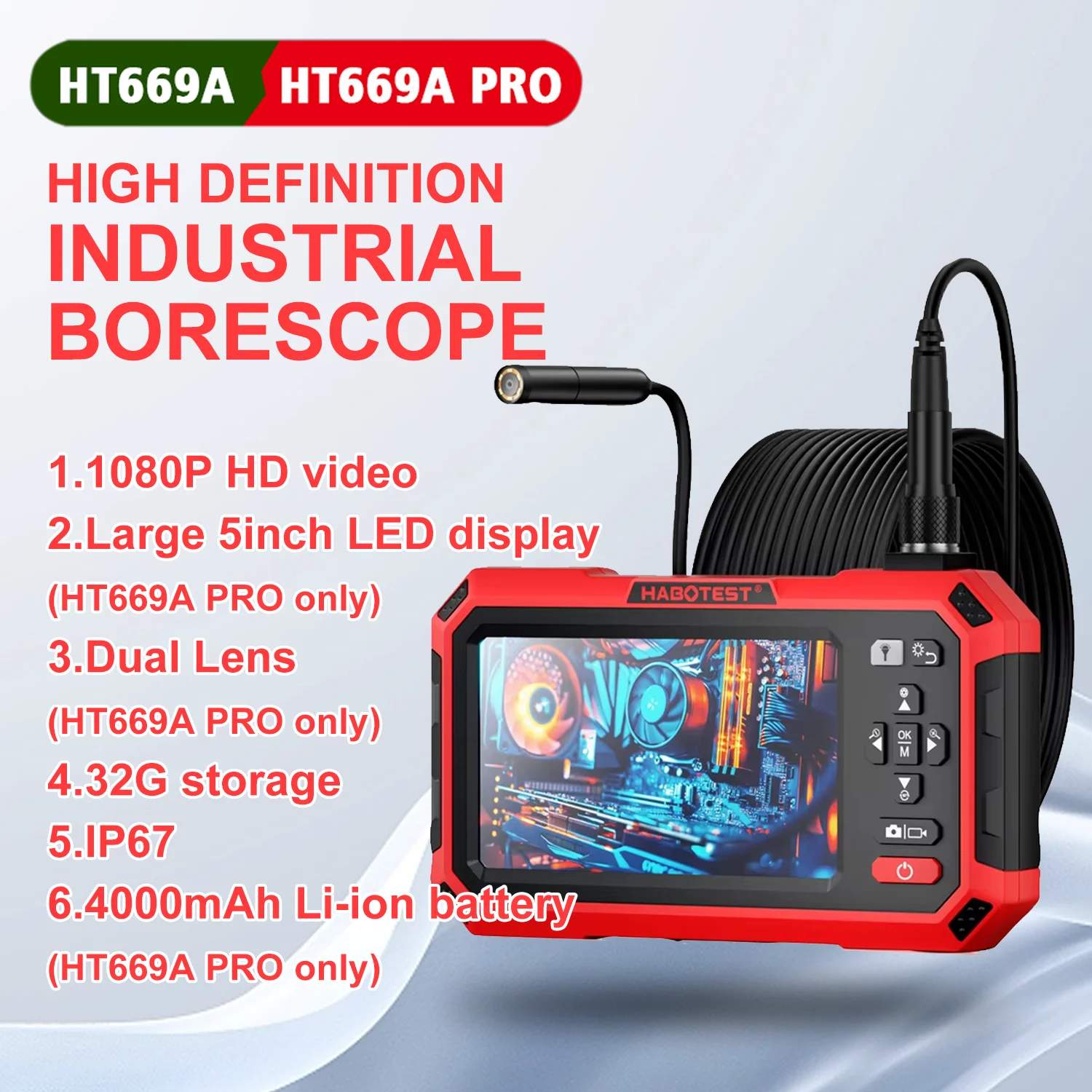 

HT669A Industrial Endoscope Camera 1080P IPS Screen Photo/Video Pipe Inspection Camera Single/Dual-lens Waterproof Car Repairing