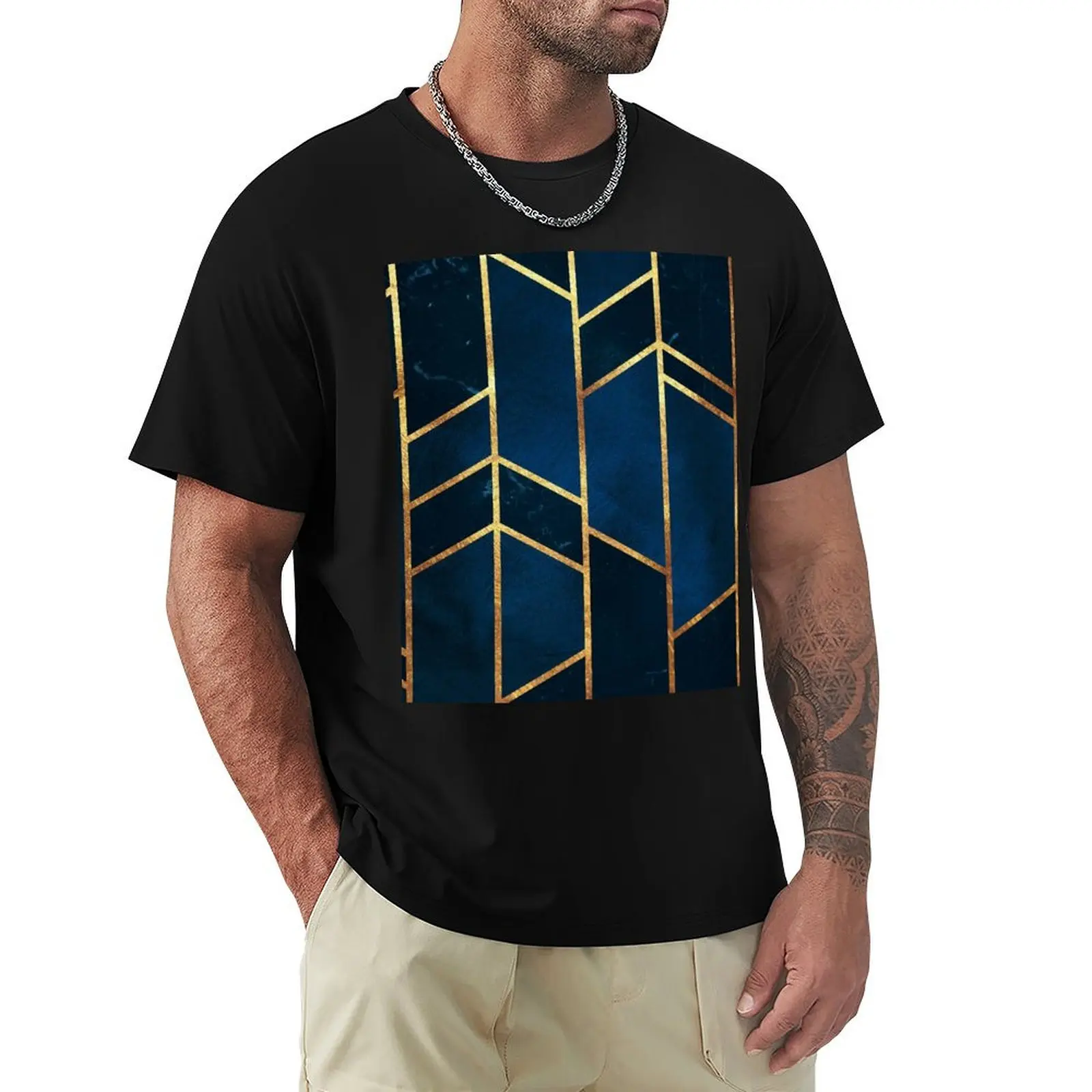 

Navy Gold Stone Geometric T-Shirt customs anime figures street wear Men's clothing