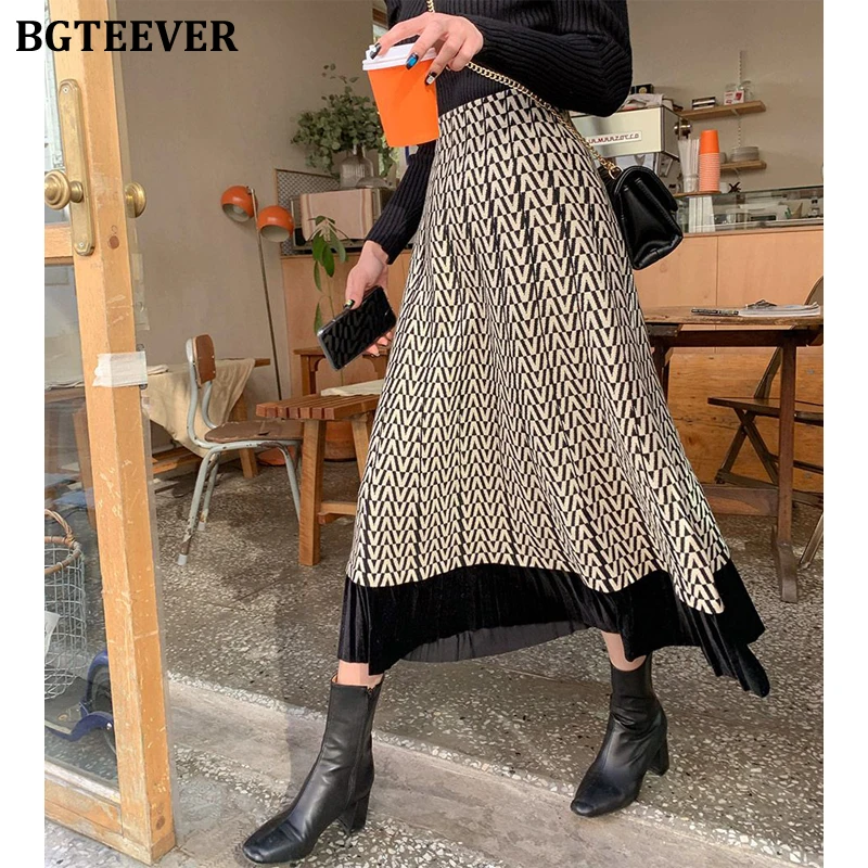 

BGTEEVER Stylish Chic Loose Patchwork Knitted Skirts for Women Elastic High Waist Women Sweater Skirts 2022 Spring