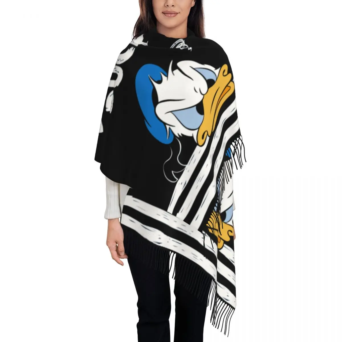 

Custom Lady Long Donald Duck Cartoon Scarves Women Winter Fall Soft Warm Tassel Shawl Wraps Scarf