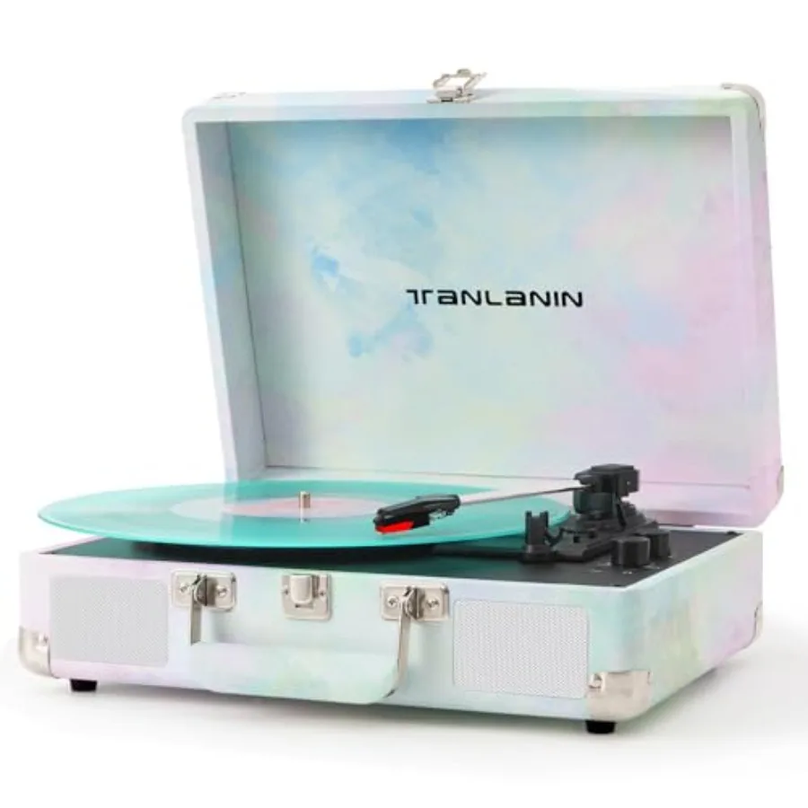 

Watercolor Vinyl Record Player with Treble Bass Control Vintage 3-Speed Bluetooth Suitcase Portable Turntables with Built-in Sp