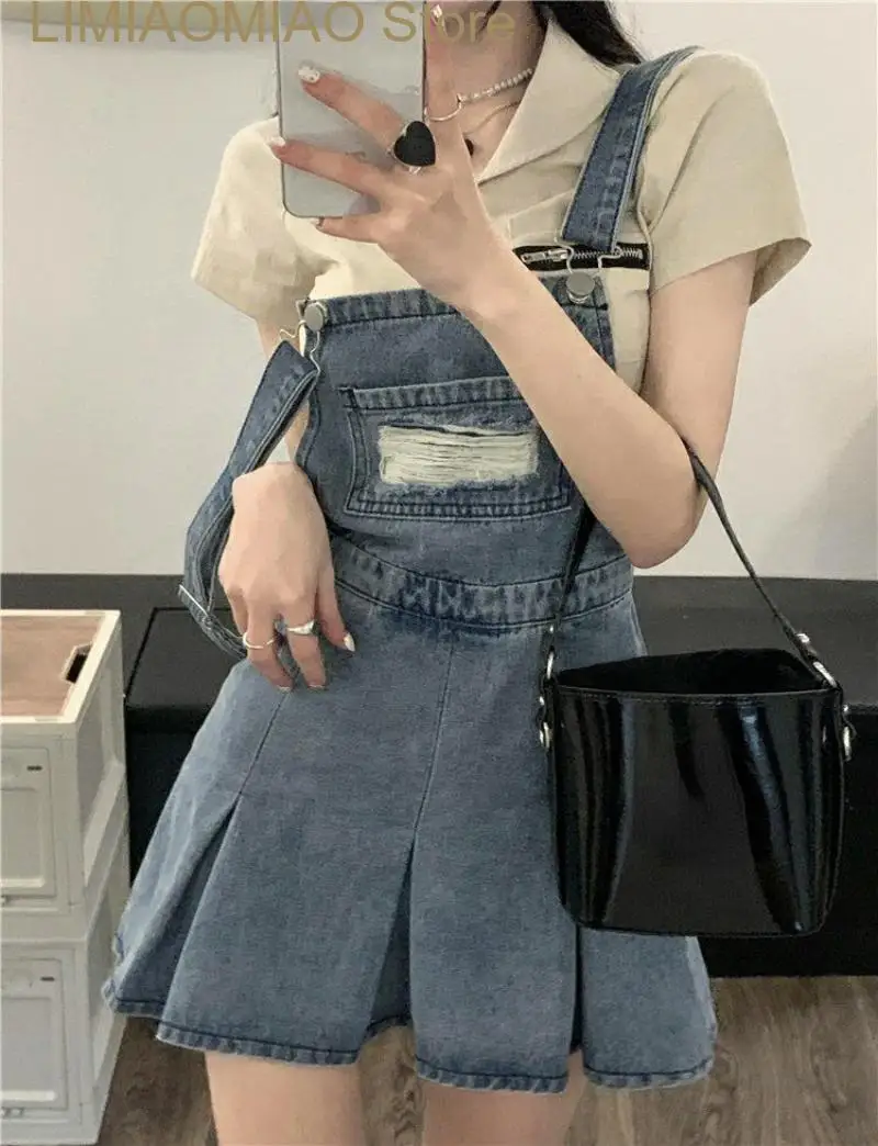 

New Denim Overall Dresses Women Summer Vintage Blue Elegant Folds Camisole Pleated Dress Mini Fashion Hotsweet Korean Vestidos