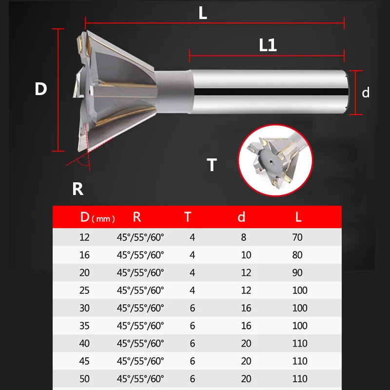 YG8 Dovetail Groove Milling Cutter 45/55/60 Degrees Straight Shank Hard Alloy Milling Cutter 16MM 20MM 25MM For Cast Iron Steel