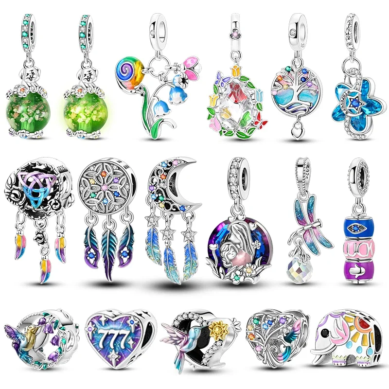 925 Sterling Silver Crystal Tulip Colorful Tree of Life Pendant Dream Catcher Beads Charms Fit Bracelet DIY Women Jewelry Gift