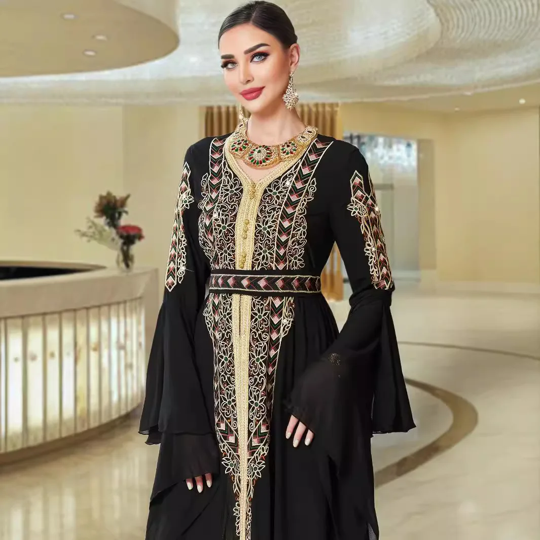 Arab Mesh Embroidered Dress with Belt V-Neck Super Full Sleeves Stylish Abaya for Luxury Muslim Woman Moroccan Party Kebaya Gown