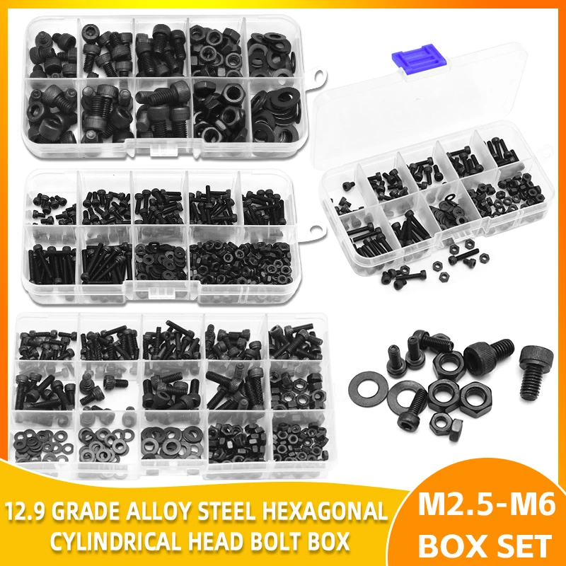 Black Metric Hex Cap Screws, Flat Washers, Nuts Combo Set M2.5 M3 M4 M5 12.9 Grade Alloy Steel for Automotive & Construction