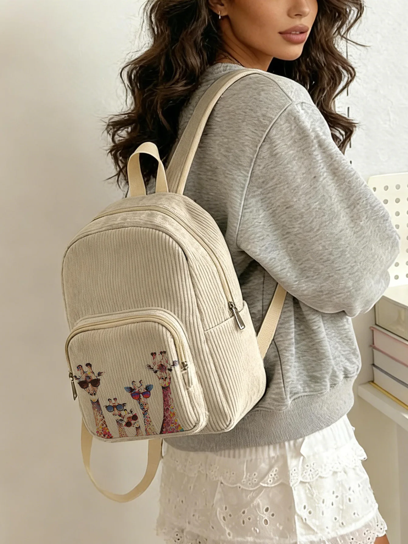 Sunglasses Giraffe Family Print Fashion Backpack Corduroy Multi-pocket Large Capacity School Travel Backpack