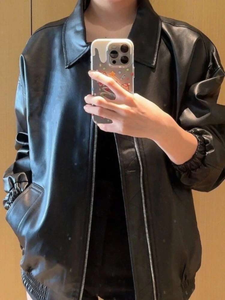 

Korean Black Leather Jacket Women 2025 Autumn High Street Zipper Leather Jacket Female Punk Style Casual Streetwear Casual Coat