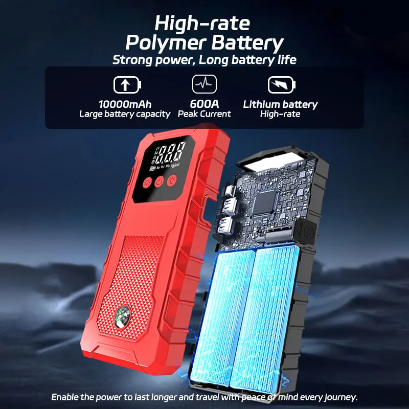 Power Bank Car Jump Starter Portable Car Battery Emergency Booster Wireless Charging 12V Auto Starting Device High Brightness