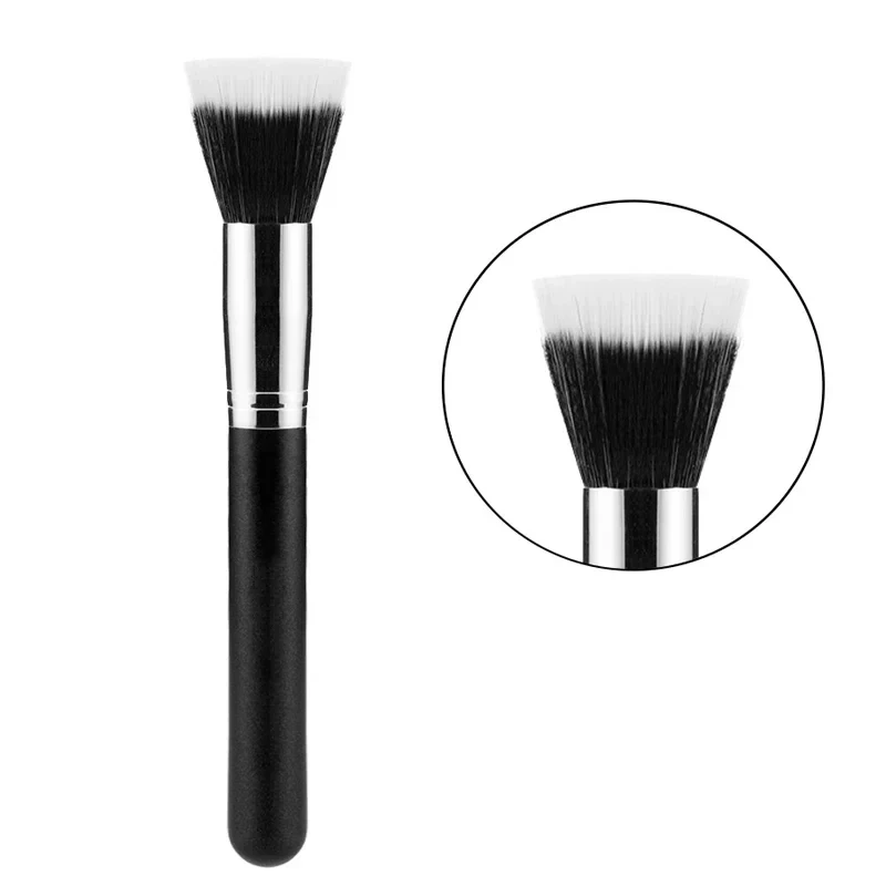 5PCS Professional Flattop Blush Brush Loose Powder Brush Black Duo Fiber Stippling Brush Contour Sculpting Cosmetic Makeup Tools
