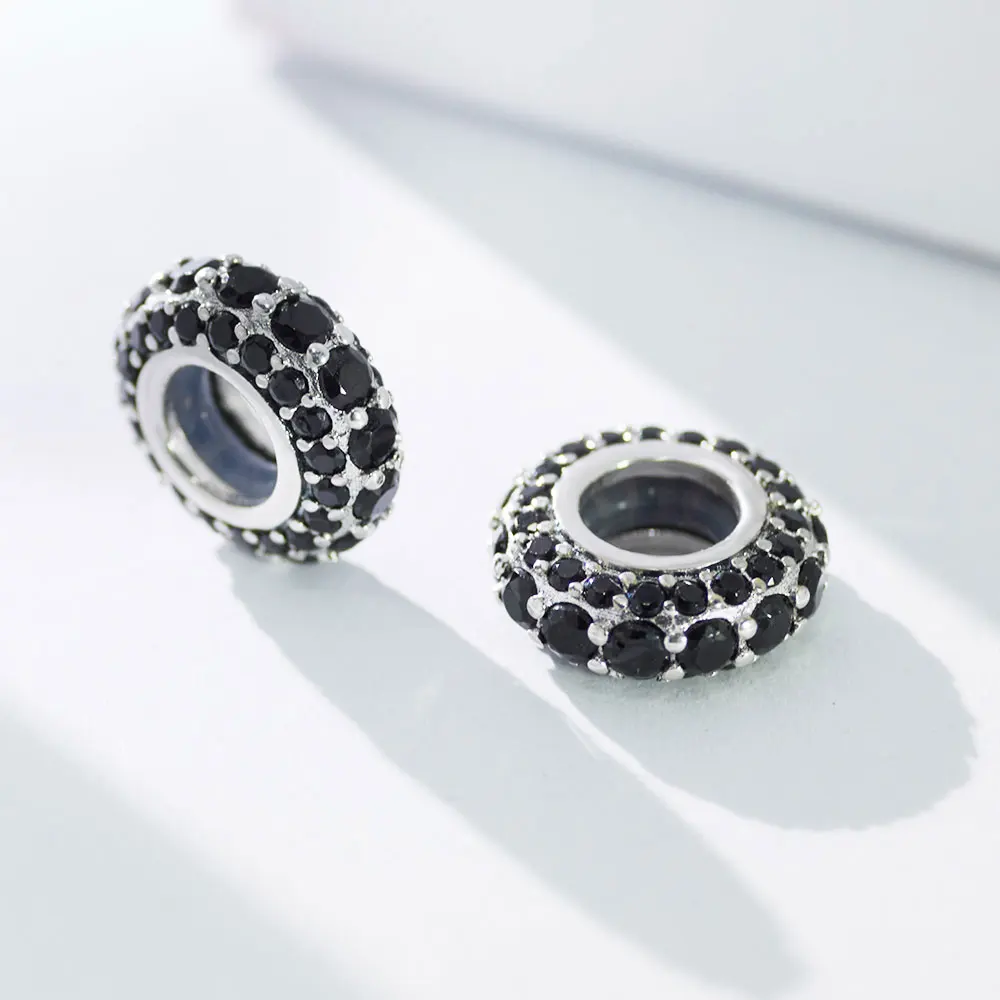 925 Sterling Silver Positioning Buckle Charm Black Full Diamond Thin Gasket Bead Fit Bracelet Women's DIY Jewelry Love Hot Gift