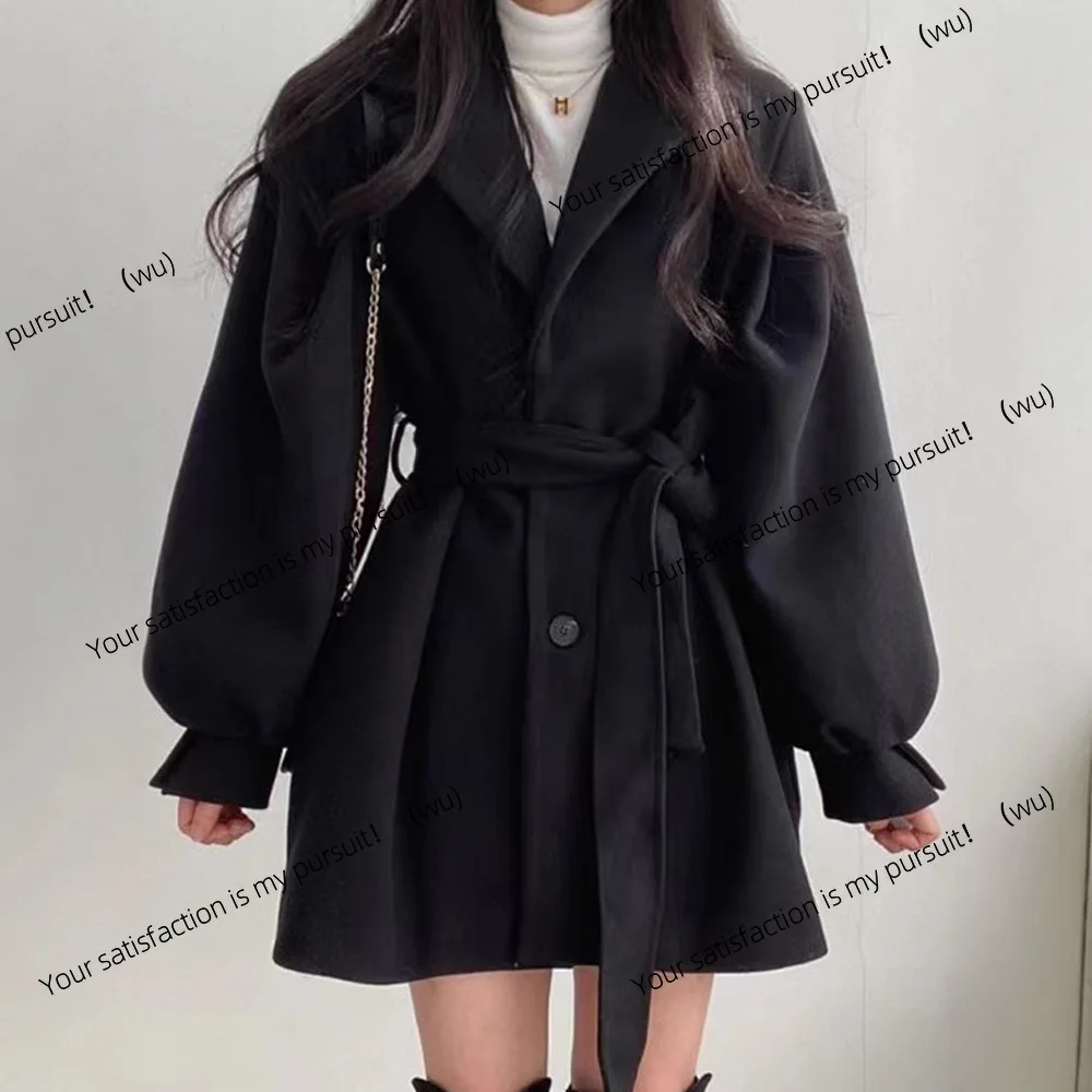 

ZOCI-Черное шерстяное пальто для женщин на осень и зиму 2024, новое шерстяное пальто среднего и длинного размера с небольшой талией