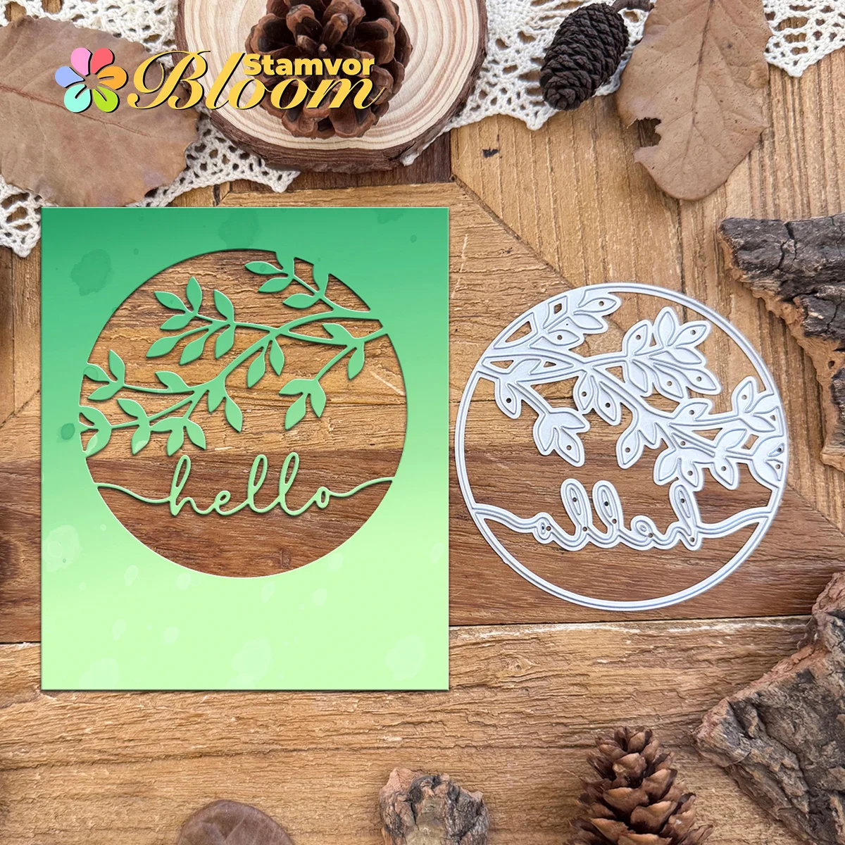 Original schöne Blätter Zweige mit HALLO Kreis Metall Stanzformen Scrapbooking dekorative Prägung