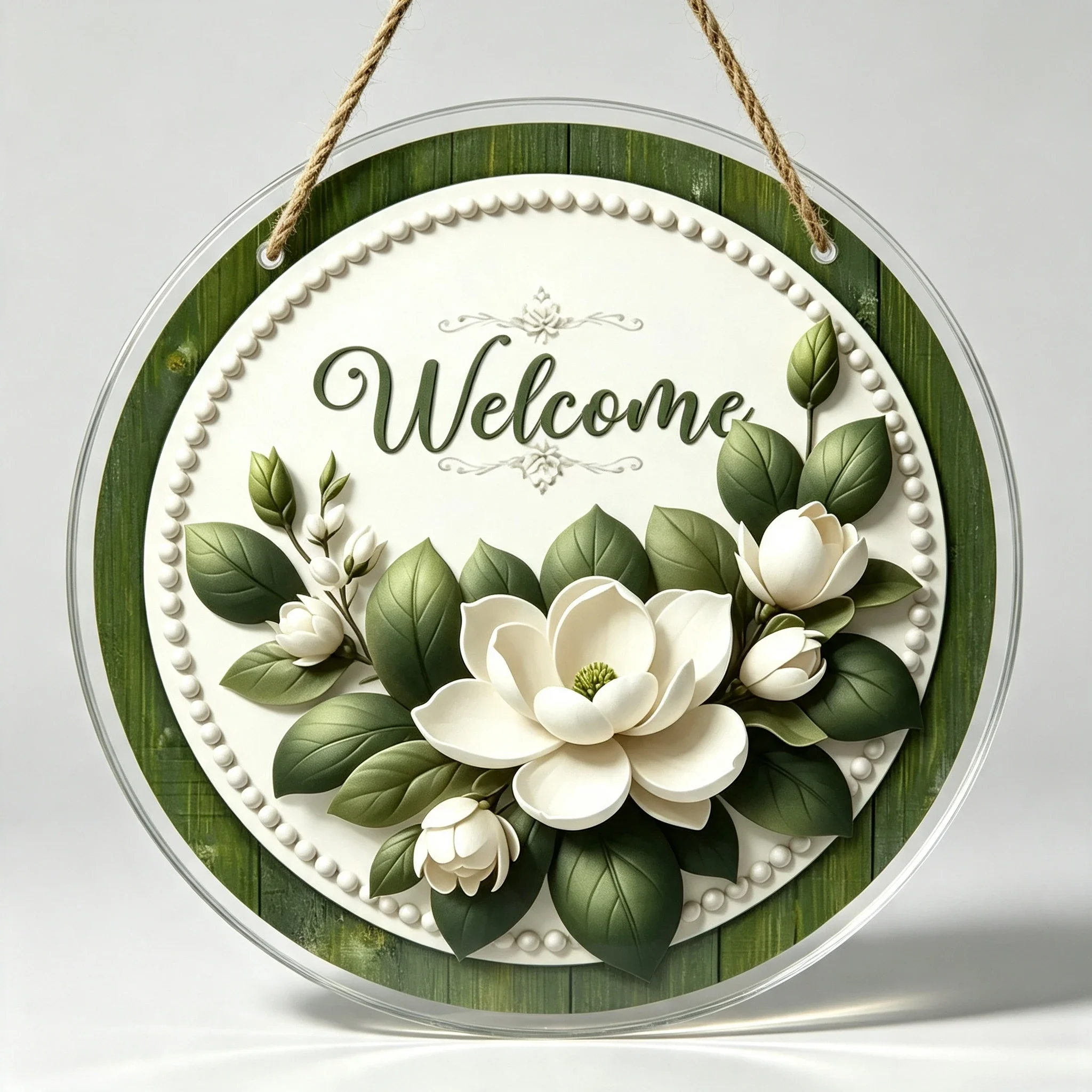 Green Wood Texture Beaded Border Magnolia Floral Acrylic Front Door Ornament