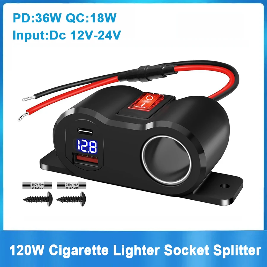 12V 120W QC3.0 & PD3.0 Outlet Cigarette Lighter Socket Splitter with Voltmeter USB Car Charger Power Adapter for Car Marine