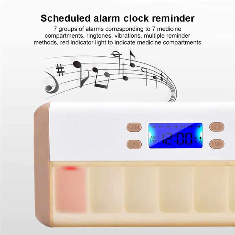 BNVN-Smart Pill Organizer Electronic Timing Reminder Storage Case Timer Weekly Pills Container Alarm Box For Traveling Coffee Wh