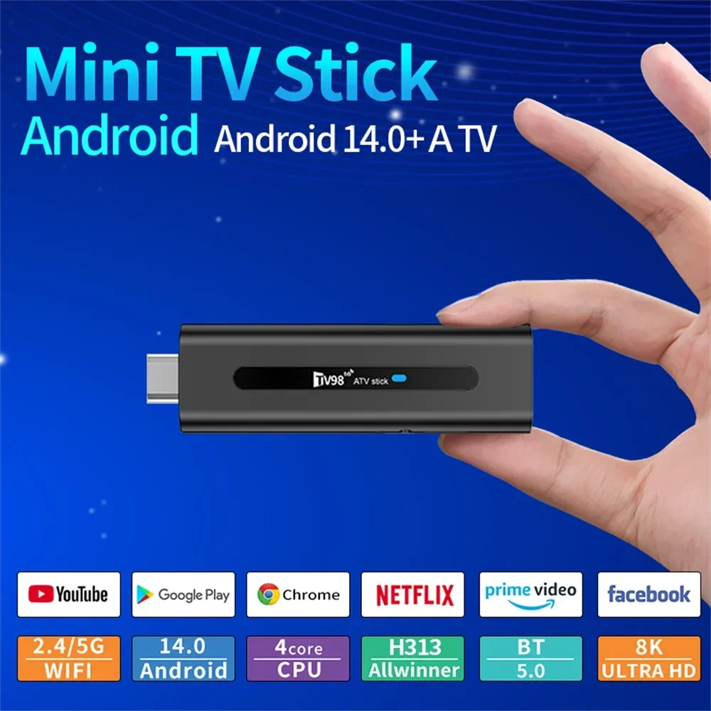 TV98 Mini TV Stick Android 14 TV Stick HDR Set Top Box 8K Video WiFi 2.4/5G Streaming Smart TV Box for Network Media Player