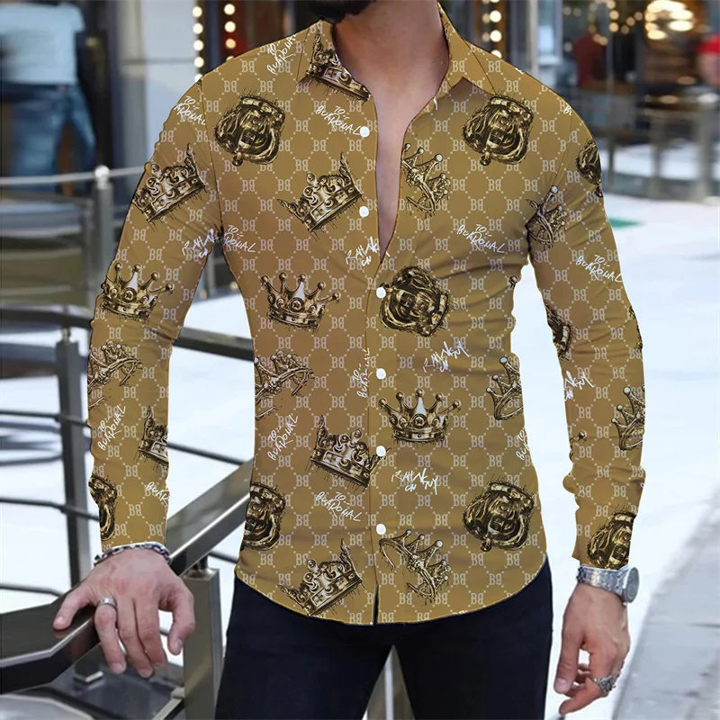 

Summer fashion new men's long sleeved shirt street casual beach party crown 3D printed single breasted Hawaiian shirt