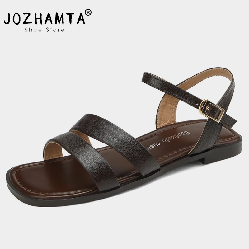 JOZHAMTA Size 32-43 Sandals Women 2023 Fashion Buckle Strap Summer Flats Shoes For Women Real Leather Casual Flat Sandalias