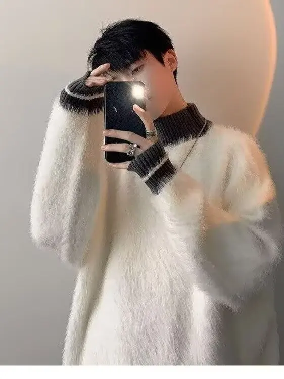 

Мужской зимний вязаный свитер с высоким воротником, норковый бархат, свободный крой, цветная пушистая верхняя одежда, удобная корейская одежда Long Sve