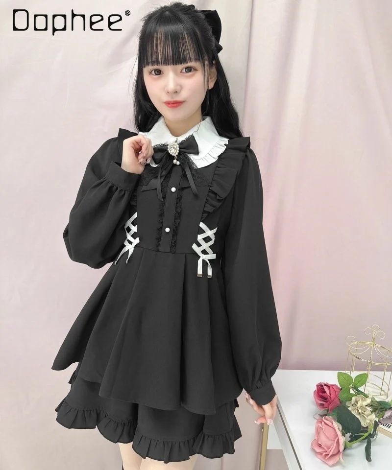 Lolita Sweet Set Cute Japanese Style Bow Long Sleeve Doll Collar Mid-length Top for Cute Girl Spring and Autumn Kawaii Suit 2024