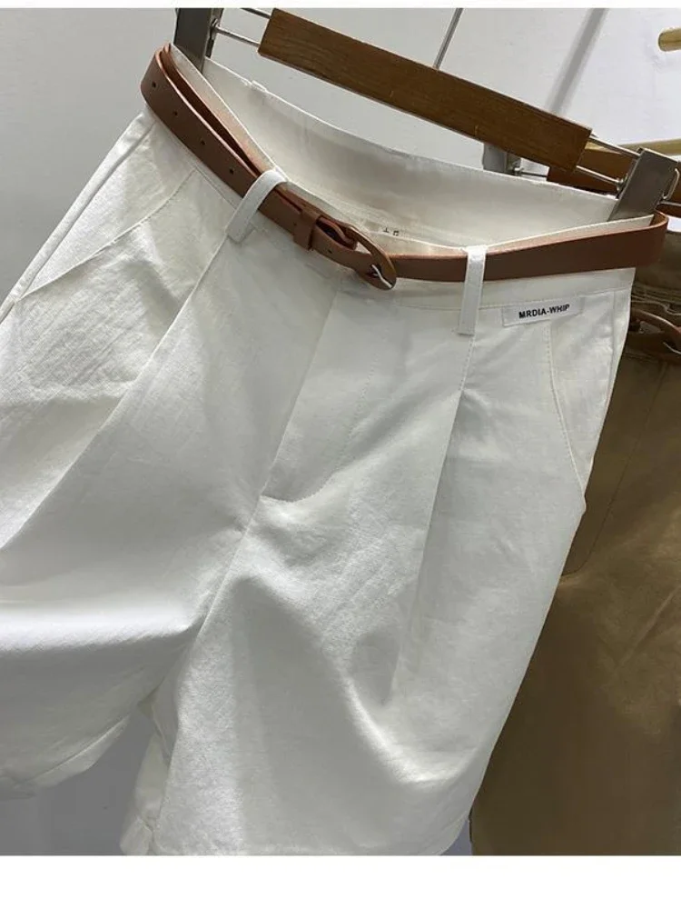 Summer Women\'s Shorts 2025 Loose Casual Cotton Short with Belt Solid Khaki Black Knee Length Wide Leg Bermuda Shorts for Women