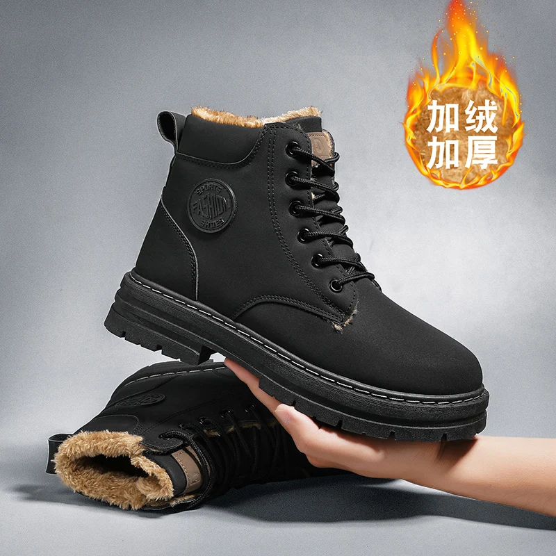 Stivali da neve invernali Stivaletti da moto alla moda per uomo Stivali alti antiscivolo da esterno Scarpe in pelle da uomo Lace-Up Botas Hombre