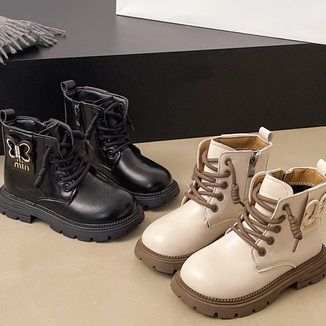 Girls Butterfly Buckle Decor Ankle Boots Lace-Up Zipper PU Leather Booties Non-Slip Rubber Sole Boots for Little & Big Girls
